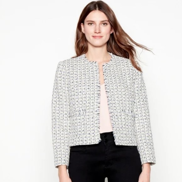 Apostrophe Women’s White Black Cream Tweed Zip Blazer Jacket - Size 14P - Picture 1 of 6